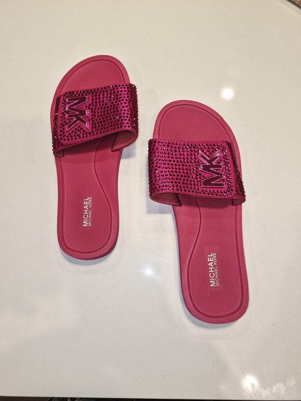 Michael Kors Hot Pink Crystal MK Slide Sandals Size 7